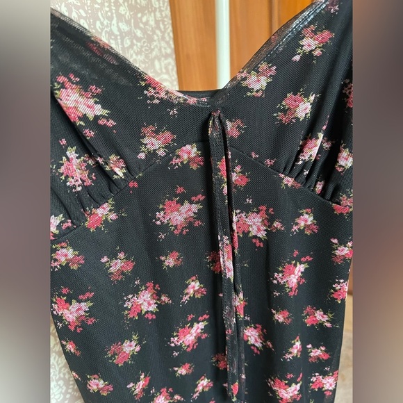 Forever21 Black and Pink Floral Mesh Spaghetti Strap Tank Mini Dress - Picture 3 of 6